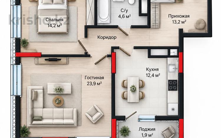 2-бөлмелі пәтер · 70.2 м² · 15/22 қабат, Е-36 5, бағасы: ~ 46.7 млн ₸ в Астане, Нура р-н — фото 3