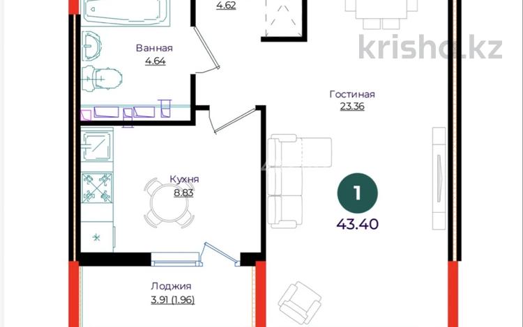 1-комнатная квартира · 43.4 м² · 8/9 этаж, Е 882 13 за 25.5 млн ₸ в Астане, Нура р-н — фото 2