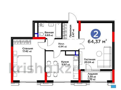2-бөлмелі пәтер · 64.37 м² · 7/20 қабат, Кайым Мухамедханов 6/1 — Пересечение ул. К.Мухамедханова и Домалак ана, бағасы: 60 млн ₸ в Астане, Нура р-н