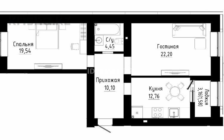 2-комнатная квартира · 70.63 м² · 7/12 этаж, Култегин 3 за 42 млн ₸ в Астане, Нура р-н — фото 2