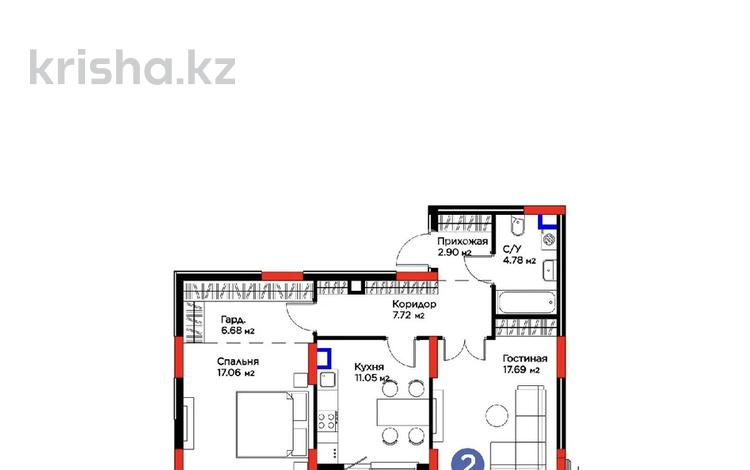 2-бөлмелі пәтер · 70 м² · 2/17 қабат, Кенесары 54, бағасы: 46 млн ₸ в Астане, р-н Байконур — фото 2