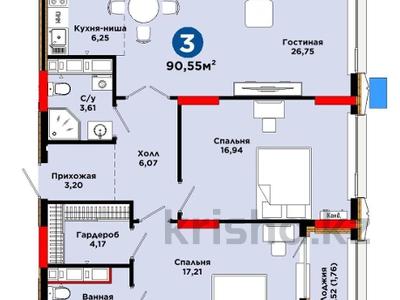 3-бөлмелі пәтер · 90.55 м² · 12/14 қабат, ул. Туран — За наличный: 54 194 175 ₸, бағасы: ~ 60.2 млн ₸ в Астане