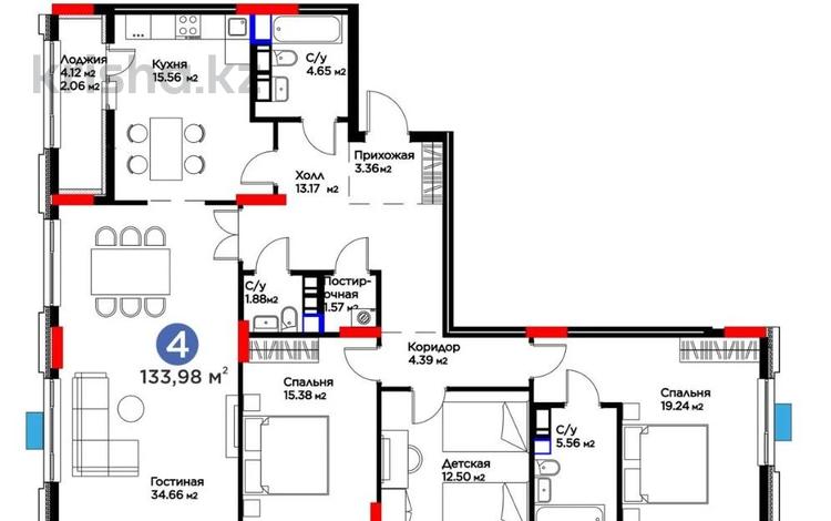4-комнатная квартира · 133 м² · 7/12 этаж, Турар Рыскулов 9 за 97 млн 〒 в Астане, Есильский р-н — фото 2