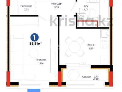 1-бөлмелі пәтер · 35.81 м² · 7/9 қабат, Сагадат Нурмагамбетов 18 — Астана, район Сарайшық, ул. Сагадата Нурмагамбетова, 18, ЖК Äuez 4., бағасы: 37 млн ₸ в Сарайшык р-н