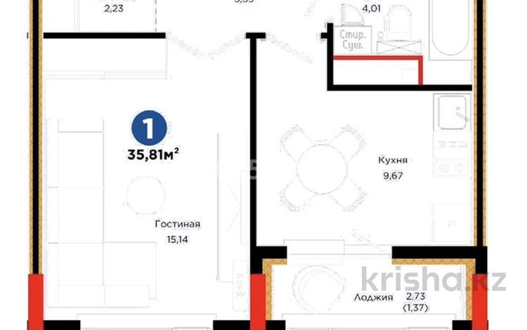 1-бөлмелі пәтер · 35.81 м² · 7/9 қабат, Сагадат Нурмагамбетов 18 — Астана, район Сарайшық, ул. Сагадата Нурмагамбетова, 18, ЖК Äuez 4., бағасы: 37 млн ₸ в Сарайшык р-н — фото 4
