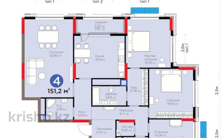 4-бөлмелі пәтер · 151.2 м² · 5/20 қабат, Бухар жырау 26, бағасы: 150 млн 〒 в Астане, Есильский р-н — фото 2