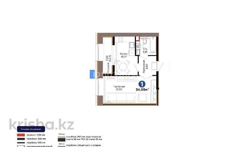 1-комнатная квартира · 34 м² · 4/12 этаж, Хусейн бен Талал 1, 11/1-2 за 23 млн ₸ в Астане, Нура р-н — фото 2