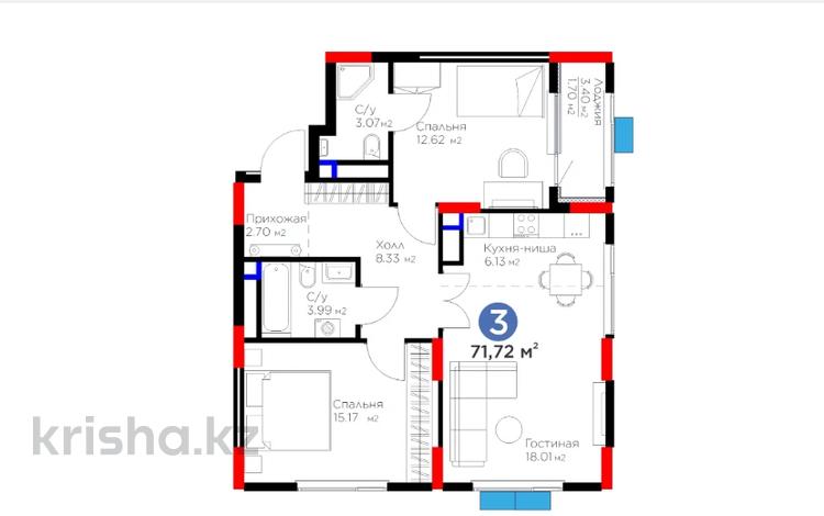 3-комнатная квартира · 71.72 м², Акберен 4/1 за ~ 33.8 млн 〒 в Атырау — фото 2