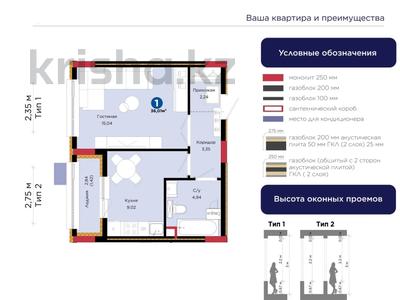 1-бөлмелі пәтер · 36.01 м² · 2/9 қабат, Кенесары 54, бағасы: 23.5 млн ₸ в Астане, р-н Байконур