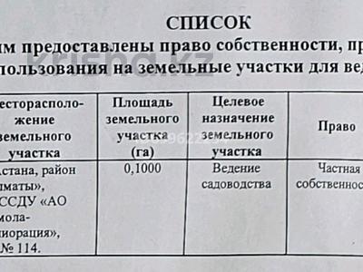 Участок · 10 соток, ПКССДУ "АО Акмола-мелиорация" участки 114, 115 за 2 млн 〒 в Астане, р-н Байконур