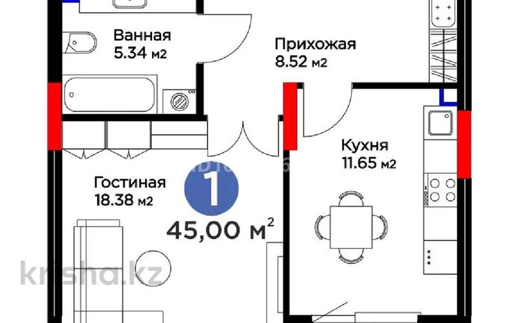 1-комнатная квартира · 45 м² · 2/9 этаж, Анет баба 8 за 33 млн ₸ в Астане, Нура р-н — фото 2