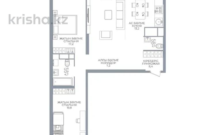 3-комнатная квартира · 100 м² · 11/16 этаж, Каныша Сатпаева за 76 млн ₸ в Алматы, Бостандыкский р-н — фото 2