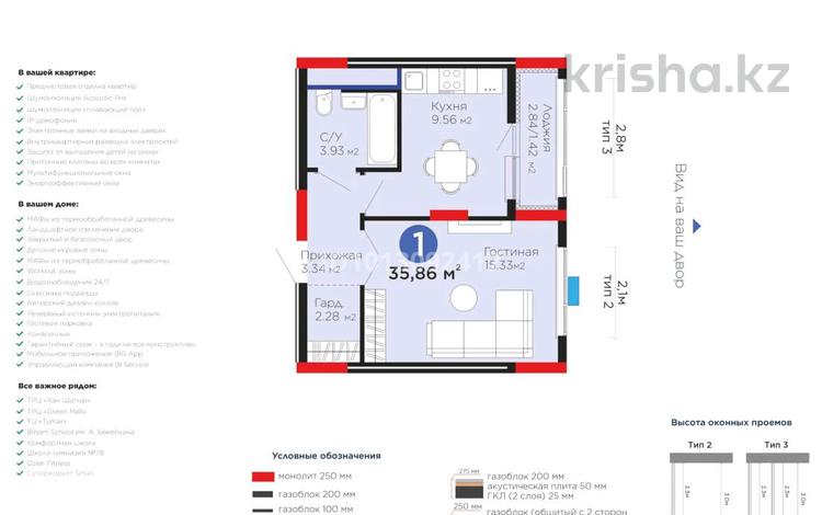 1-бөлмелі пәтер · 35.86 м² · 5/12 қабат, Е 15 7, бағасы: 29 млн ₸ в Астане, Есильский р-н — фото 2