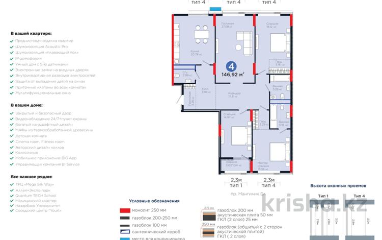4-комнатная квартира · 147 м² · 8/13 этаж, Мангилик Ел 57 — НИЖЕ СТОИМОСТИ У BI за 142 млн ₸ в Астане, Есильский р-н — фото 3