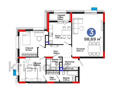 3-бөлмелі пәтер, 99 м², 9/12 қабат, Толе би, бағасы: ~ 61.6 млн 〒 в Астане, Нура р-н