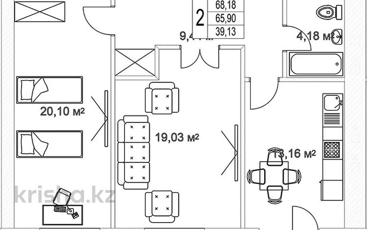 2-комнатная квартира, 67.3 м², 3/12 этаж, жоши хана