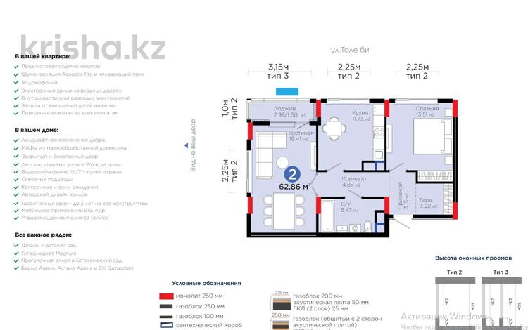2-бөлмелі пәтер · 62 м² · 4/9 қабат, Туран 57д — САМАЯ НИЗКАЯ ЦЕНА, бағасы: 45.5 млн ₸ в Астане, Нура р-н — фото 4