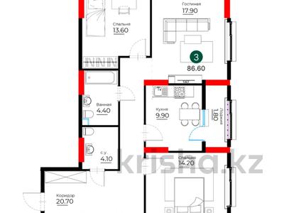 3-бөлмелі пәтер · 86.6 м² · 2/16 қабат, Е-429 26 — БЕЗ КОМИССИИ! Выбор по этажам!, бағасы: ~ 37.2 млн ₸ в Астане