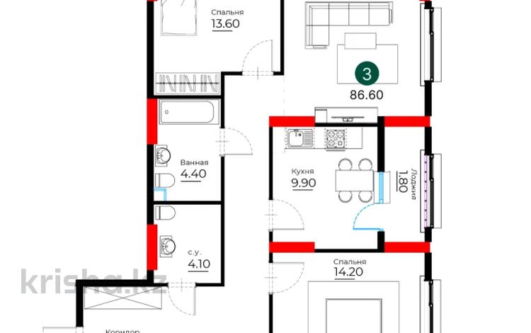 3-комнатная квартира · 86.6 м² · 2/16 этаж, Е-429 26 — БЕЗ КОМИССИИ! Выбор по этажам! за ~ 37.2 млн ₸ в Астане — фото 2
