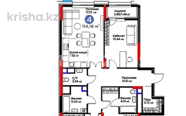 4-бөлмелі пәтер · 114.16 м² · 8/12 қабат, Турар Рыскулов 18, бағасы: 82.5 млн ₸ в Астане, Есильский р-н — фото 2