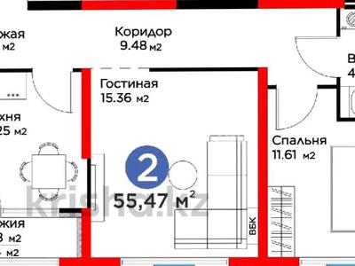 2-бөлмелі пәтер · 55 м² · 1/6 қабат, мкр Кайрат, Байге, бағасы: 36 млн ₸ в Алматы, Турксибский р-н