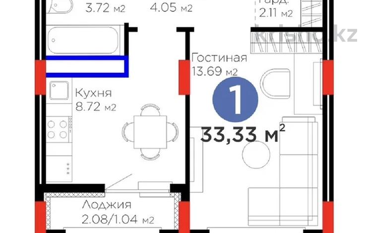1-комнатная квартира · 33.33 м² · 5/9 этаж, Е 908 23 за 19.8 млн ₸ в Астане, Нура р-н — фото 3