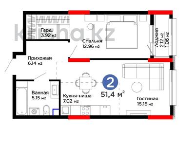 2-комнатная квартира, 51.4 м², 1/16 этаж, Туран за 22.5 млн 〒 в Астане, Нура р-н