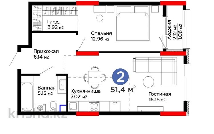 2-комнатная квартира, 51.4 м², 1/16 этаж, Туран за 22.5 млн 〒 в Астане, Нура р-н — фото 5