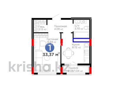 1-бөлмелі пәтер · 33.37 м² · 5/9 қабат, Е 908 23 — Мега Силквей, бағасы: 20 млн ₸ в Астане, Нура р-н