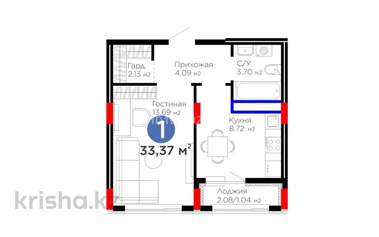 1-бөлмелі пәтер · 33.37 м² · 5/9 қабат, Е 908 23 — Мега Силквей, бағасы: 20 млн ₸ в Астане, Нура р-н — фото 2