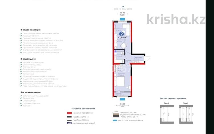 2-бөлмелі пәтер, 47.68 м², 6 қабат, К. Толеметова 1, бағасы: 23 млн 〒 в Шымкенте — фото 2