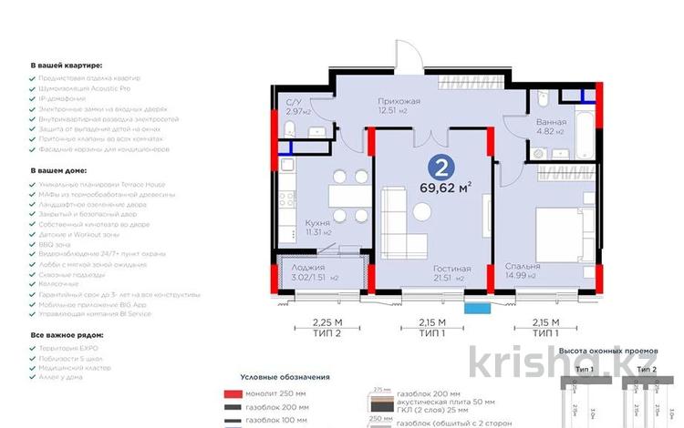 2-комнатная квартира · 70 м² · 9/12 этаж, Турар Рыскулов УСПЕЙТЕ 18 за 50.3 млн ₸ в Астане, Есильский р-н — фото 10