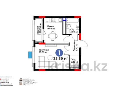 1-бөлмелі пәтер · 35.59 м² · 7/9 қабат, Жошы хан 10, бағасы: 27.5 млн ₸ в Астане, Есильский р-н