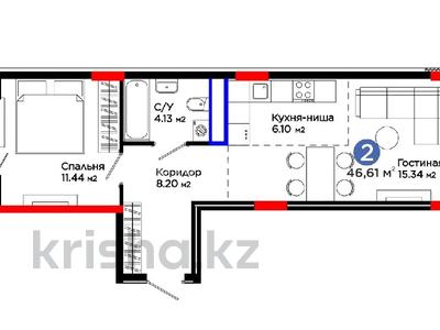 2-комнатная квартира · 46.61 м² · 2 этаж, Шоссе Коргалжын за 27.5 млн ₸ в Астане, Нура р-н