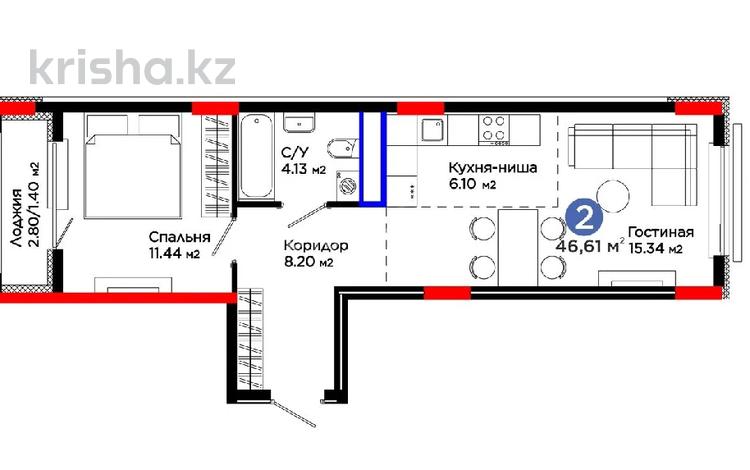 2-комнатная квартира · 46.61 м² · 2 этаж, Шоссе Коргалжын за 27.5 млн ₸ в Астане, Нура р-н — фото 2