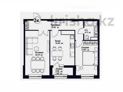 2-бөлмелі пәтер · 66.4 м² · 9/9 қабат, Жубан Молдагалиев 5 — Чингиз Айтматова, бағасы: 32.5 млн ₸ в Астане, Нура р-н