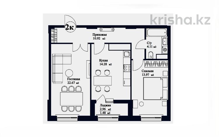2-бөлмелі пәтер · 66.4 м² · 9/9 қабат, Жубан Молдагалиев 5 — Чингиз Айтматова, бағасы: 32.5 млн ₸ в Астане, Нура р-н — фото 3