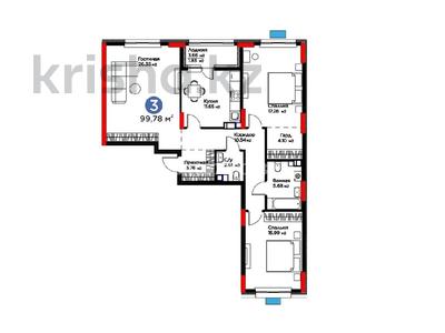3-бөлмелі пәтер · 99.78 м² · 8/9 қабат, Турар Рыскулов 16/4, бағасы: 66.3 млн ₸ в Астане, Есильский р-н