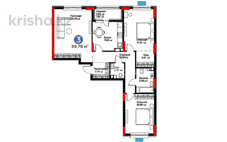 3-бөлмелі пәтер · 99.78 м² · 8/9 қабат, Турар Рыскулов 16/4, бағасы: 66.3 млн ₸ в Астане, Есильский р-н — фото 2