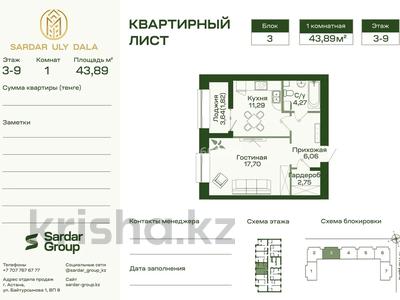1-бөлмелі пәтер · 44.2 м² · 6/9 қабат, Улы Дала 36 — на пересечений Туран-улы дала , рядом Смолл, Барыс Арена, бағасы: 30.5 млн ₸ в Астане, Нура р-н