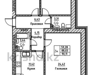 3-комнатная квартира, 90.11 м², 10/12 этаж, Калдаякова б/н — А52 ул за 26.5 млн 〒 в Астане, Алматы р-н