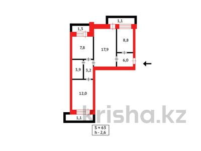 3-бөлмелі пәтер · 63.1 м² · 9/10 қабат, Жаңа қала ш/а., Ермекова 52, бағасы: 30 млн ₸ в Караганде, Казыбек би р-н