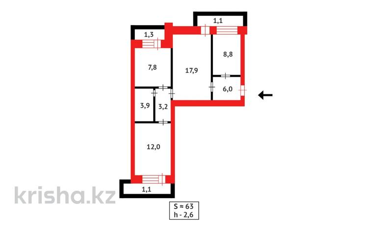 3-бөлмелі пәтер · 63.1 м² · 9/10 қабат, Жаңа қала ш/а., Ермекова 52, бағасы: 30 млн ₸ в Караганде, Казыбек би р-н — фото 12