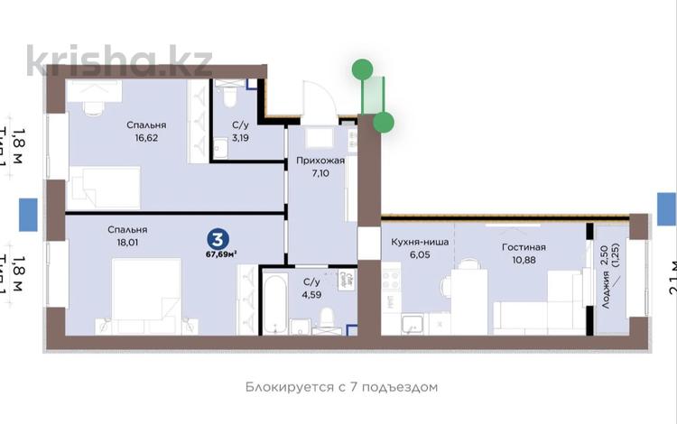 3-бөлмелі пәтер · 68 м² · 5/9 қабат, Шафика Чокина 4 — Eco Park/Binom/ Bi-Group, бағасы: 43 млн ₸ в Астане — фото 2