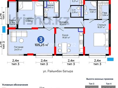 3-бөлмелі пәтер · 105 м² · 2/9 қабат, Сагадат Нурмагамбетов 15, 16, бағасы: 85 млн ₸ в Астане, Сарайшык р-н