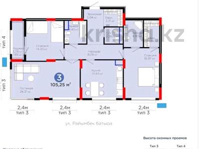 3-бөлмелі пәтер · 105 м² · 2/9 қабат, Сагадат Нурмагамбетов 15, 16, бағасы: 90 млн 〒 в Астане, Сарайшык р-н