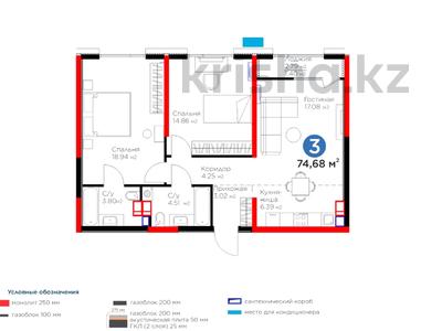 3-бөлмелі пәтер, 74.68 м², 8/9 қабат, Вдоль улицы Рыскулова, бағасы: ~ 43 млн 〒 в Шымкенте, Аль-Фарабийский р-н