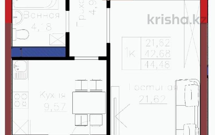1-бөлмелі пәтер · 44.48 м² · 4/9 қабат, Е 908 22 — ГОРЯЧЕЕ ПРЕДЛОЖЕНИЕ!, бағасы: ~ 25 млн ₸ в Астане, Нура р-н — фото 2