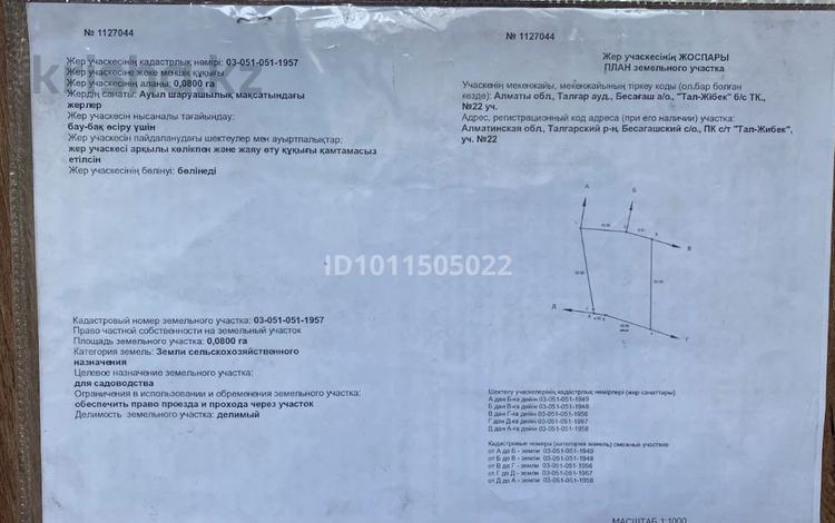 Участок · 8 соток, Бесагашский с/о, ПК с.т. Тал-Жибек за 10.5 млн ₸ в Алматинской обл., Талгарский р-н — фото 2