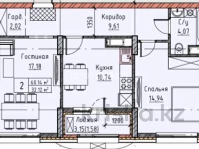 2-комнатная квартира · 60.14 м² · 12/16 этаж, Хусейн Бен Талал участок №33А — по ул.Хусейн Бен Талал, угол ул.Мангилик ел за 52.5 млн 〒 в Астане, Нура р-н